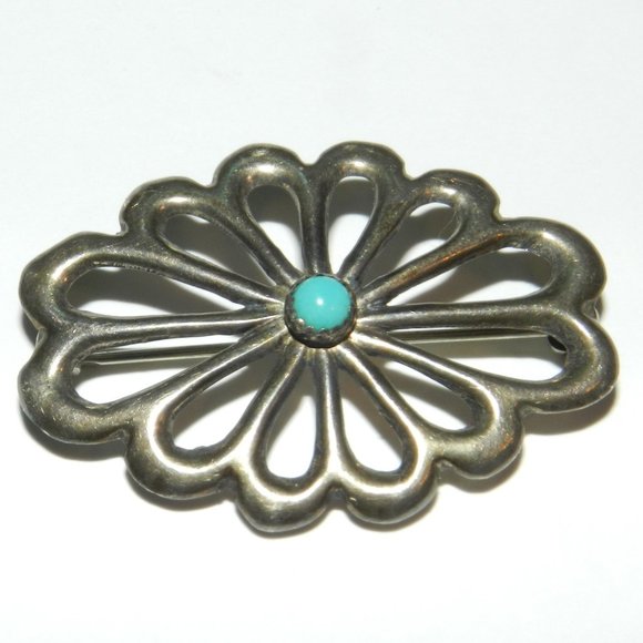 Vtg Native American Navajo Sterling Silver Turquoise sandcast Brooch Unmarked - Picture 1 of 4